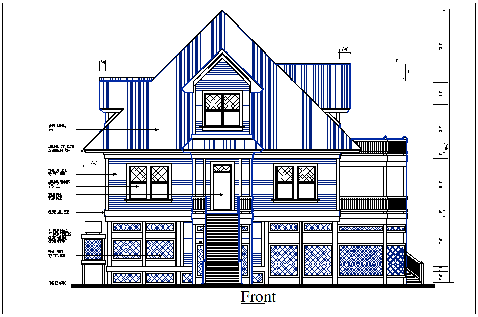 Front Elevation view of bungalow detail dwg file