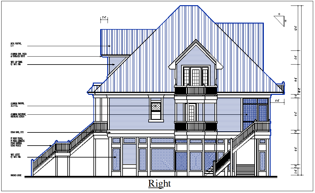 Front Elevation view of bungalow detail dwg file