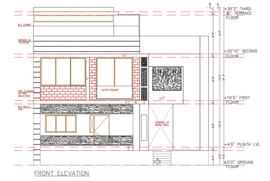 Front Side Elevation Design Of Bungalow AutoCAD File