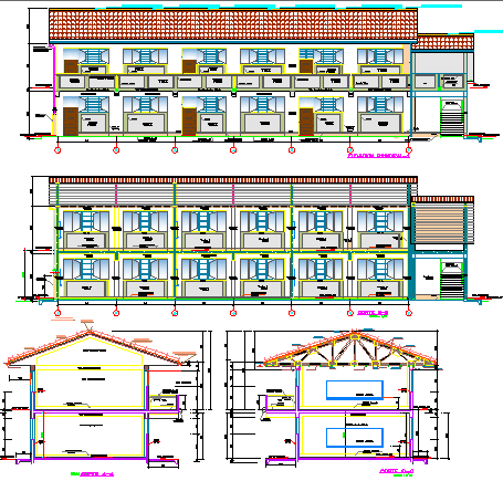 Front & Back Elevation, Section Details of Secondary School dwg file