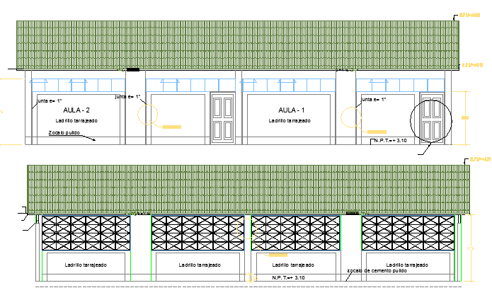 Front and Back Elevations of Village School Architecture Design dwg file