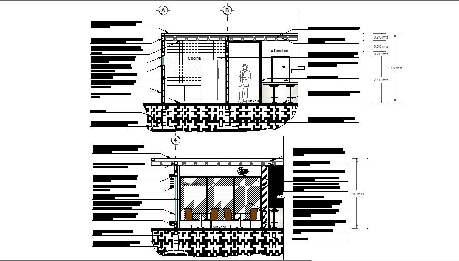 Front and back constructive section details of house dwg file