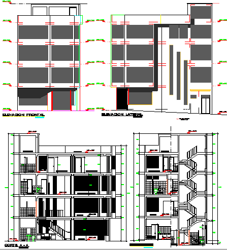 Front and back elevation and sectional details of residential building dwg file