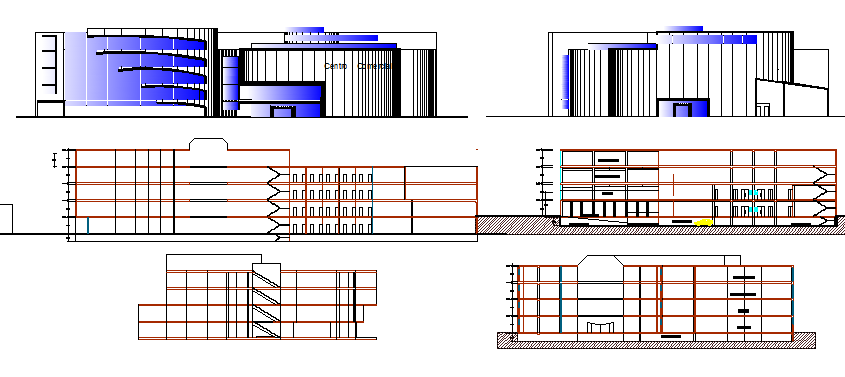 Front and back elevation and sectional view of shopping mall dwg file