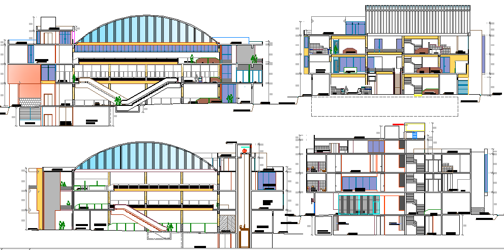 Front and back elevation and sectional view of shopping mall dwg file