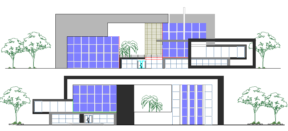 Front and back elevation details of administrative center office dwg file