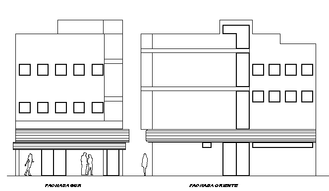 Front and back elevation details of office building dwg file