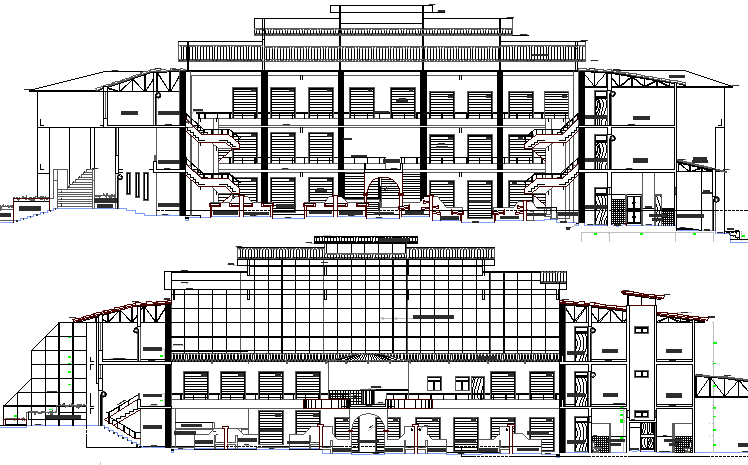 Front and back elevation details of urban industrial plant dwg file
