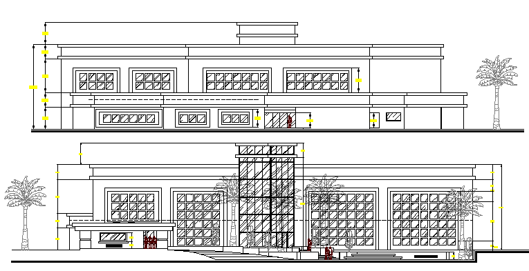 Front and back elevation of finance building dwg file