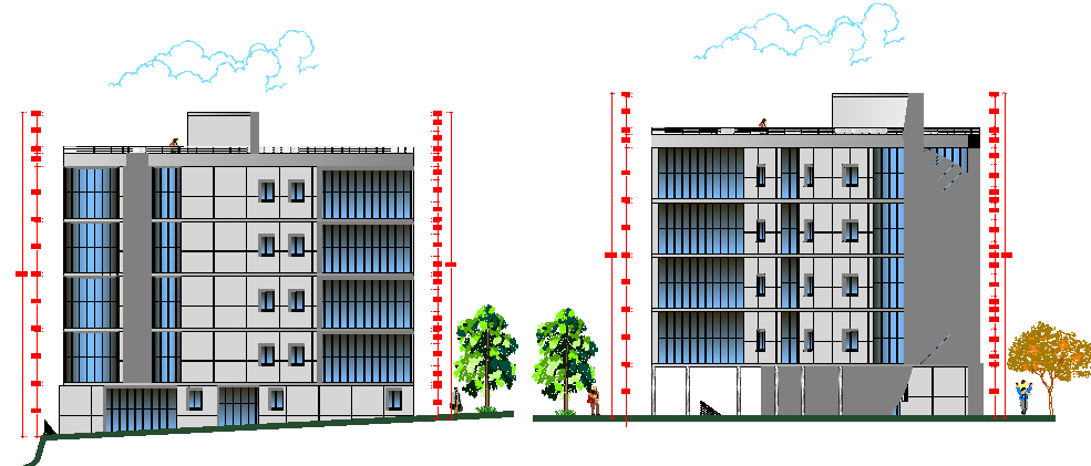 Front and back elevation of multi-family residential housing building dwg file