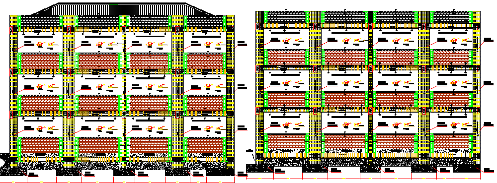 Front and back elevation of multi-flooring college dwg file