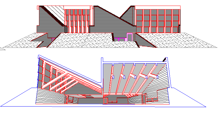 Front and back elevation of school reunion center project dwg file