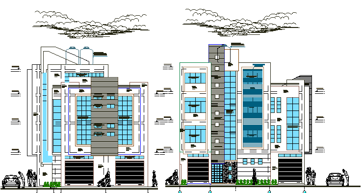 Front and back elevation of three flooring bungalow dwg file