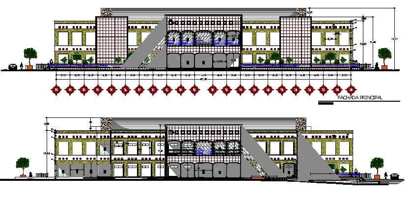 Front and back elevation view details of shopping center dwg file