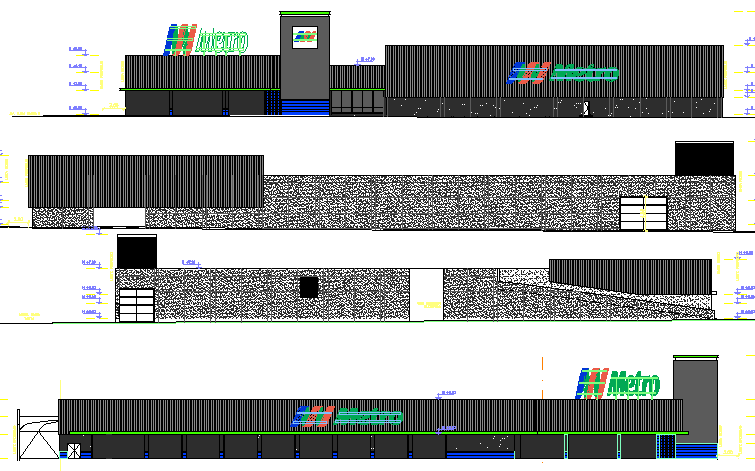 Front and back elevation view details of shopping center dwg file