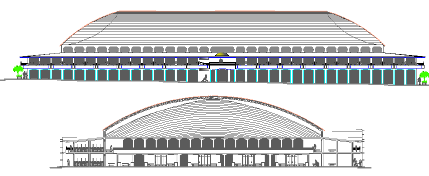 Front and back elevation view of commercial business center dwg file