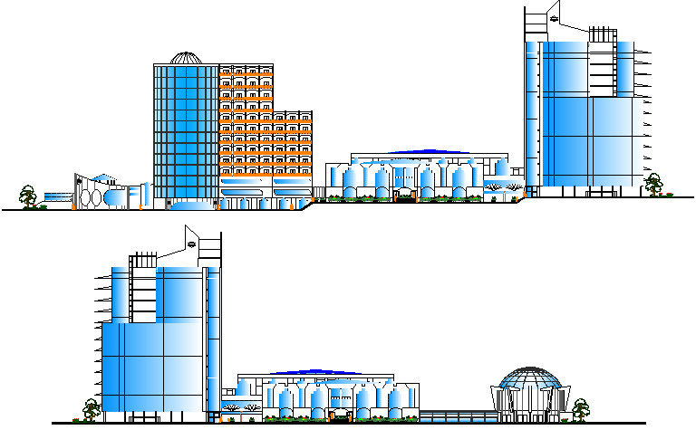 Front and back elevation view of multi-flooring shopping mall dwg file