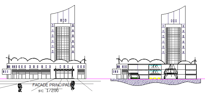 Front and back elevation view of multi-level shopping mall dwg file