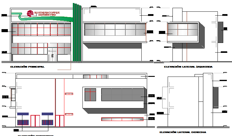 Front and back elevation view of office building dwg file