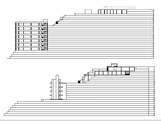 Front and back elevation view of shopping center dwg file