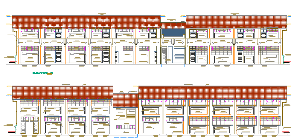 Front and back elevation view of two flooring school details dwg file