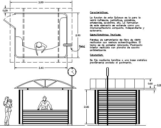 Front and back elevations and section plan of kiosk dwg file