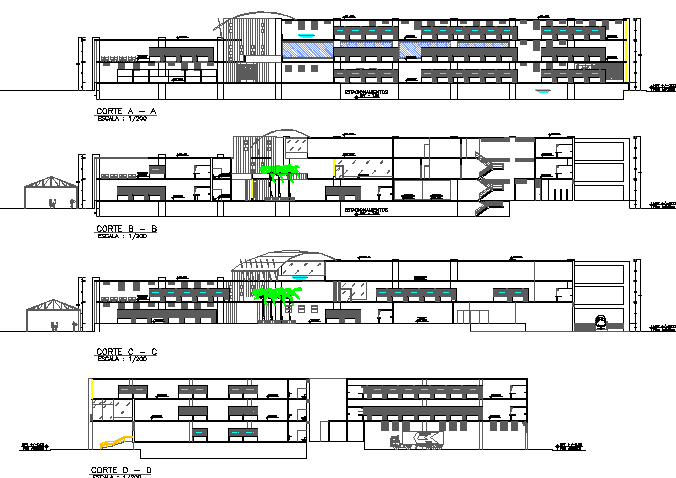 Front and back elevations and sectional details of super market dwg file