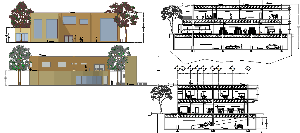 Front and back elevations and sections view of bank building dwg file