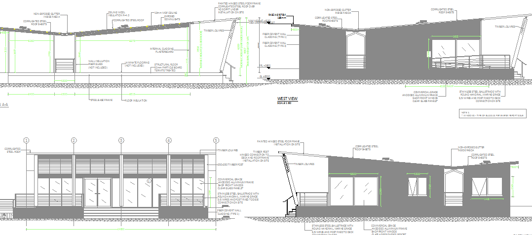 Front and back elevations and sections view of sales office dwg file