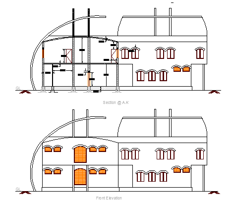 Front and back elevations of guest house for hospital staff dwg file