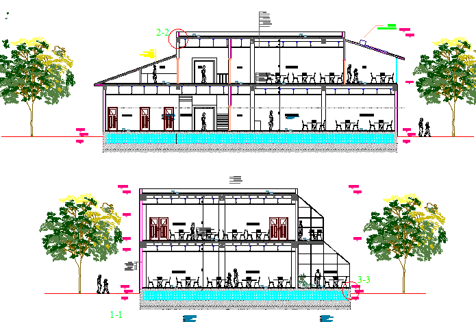 Front and back section details of multi-flooring restaurant dwg file