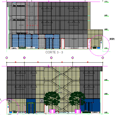 Front and back sectional details of platinum square building dwg file