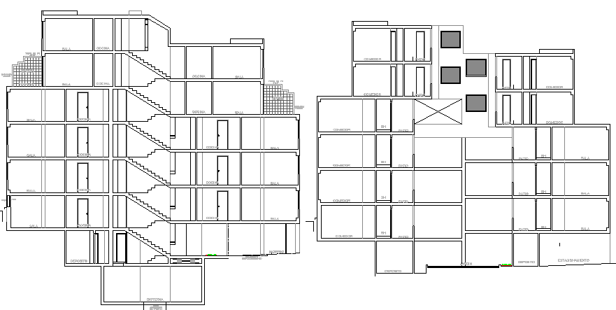 Front and back sectional details of six story residential building dwg file