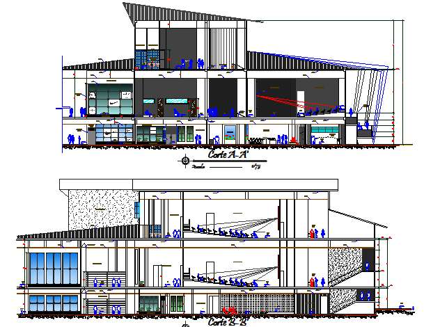 Front and back sectional view details of mini shopping mall dwg file