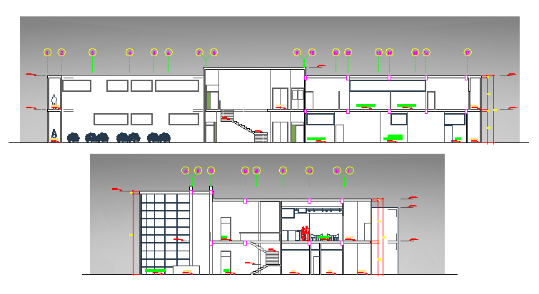 Front and back sectional view details of two story attorney general office dwg file