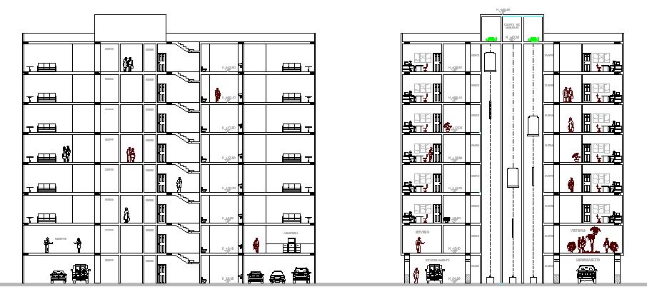 Front & back sectional view of Multi-flooring administration building dwg file