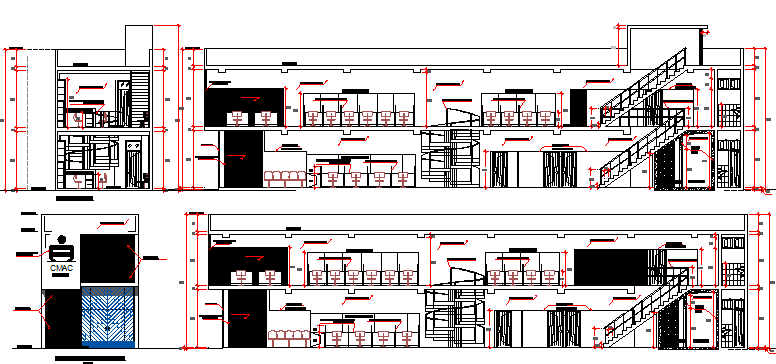 Front and back sectional view of administrative office dwg file