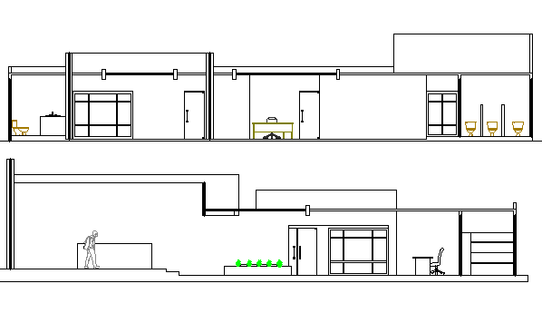 Front and back sectional view of corporate office dwg file