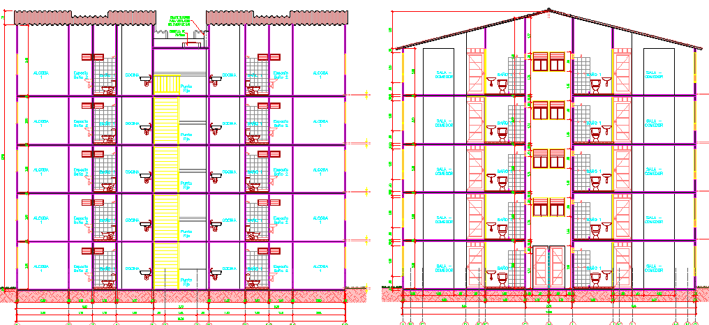 Front and back sectional view of multi-flooring housing building dwg file