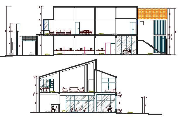 Front and back sectional view of national bank details dwg file