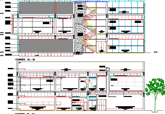 Front and back sectional view of office building dwg file