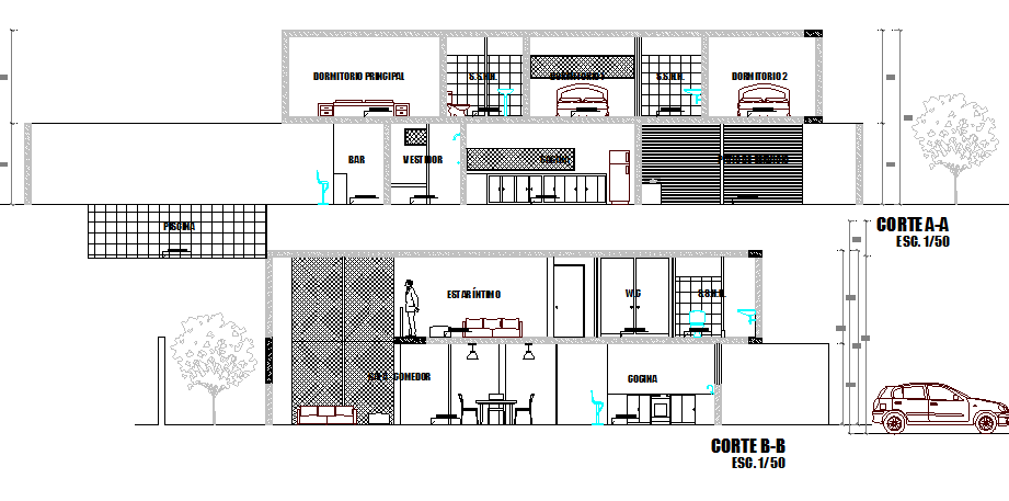 Front and back sectional view of two flooring house dwg file