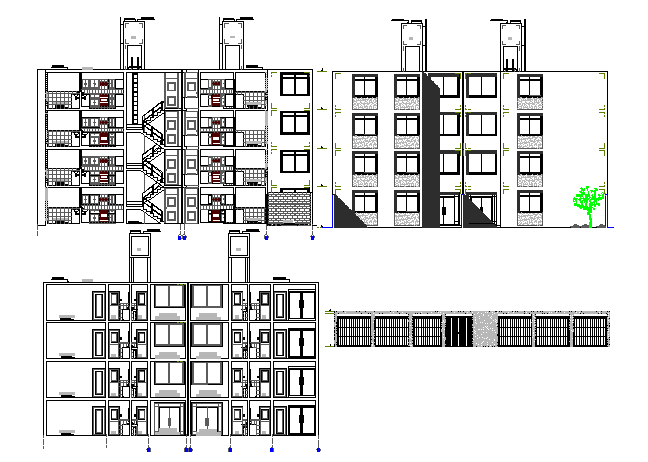 Front and back sectional view with main elevation of housing building dwg file
