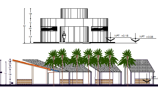 Front and cut elevation view of showroom dwg file