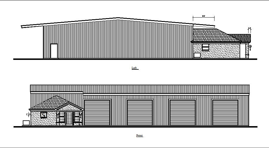 Front and left side elevation of single story house dwg file