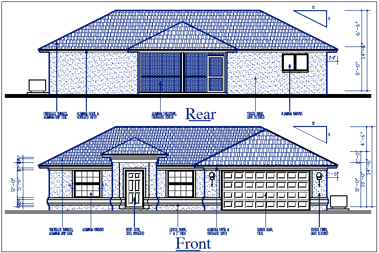 Front and rear elevation details with dimension details dwg file