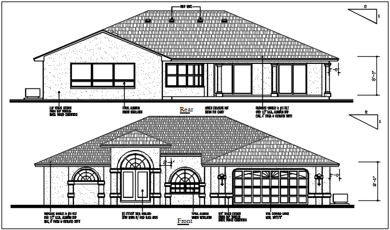 Front and rear elevation details with dimension details dwg files