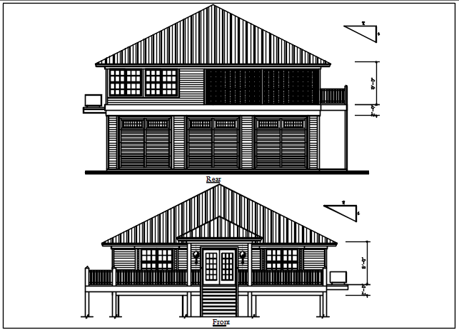 Front and rear elevation details with dimension details dwg files
