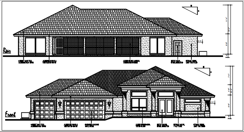 Front and rear elevation details with dimension details dwg files