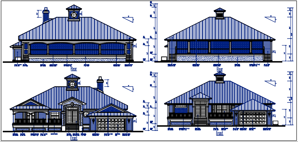 Front and rear elevation details with dimension details dwg files